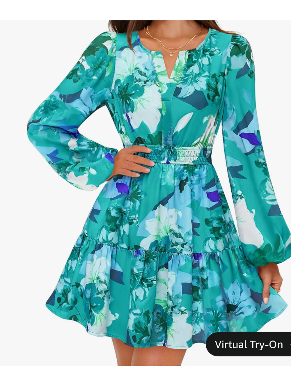 Women's Teal Floral Long-Sleeve Tiered Dress